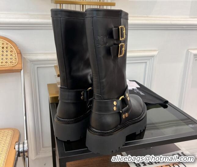 Pretty Style Celine Bulky Mid Biker Boots 5.5cm with Harness Buckle in Calfskin Black 3071013