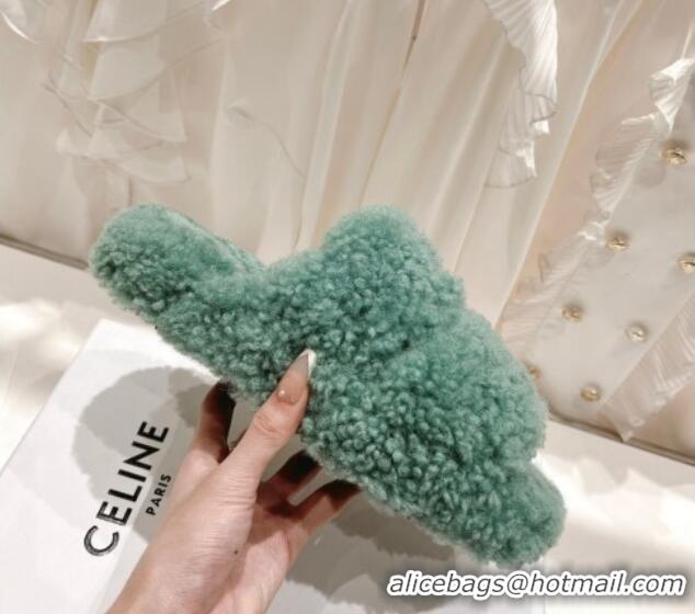 Fashion Celine Logo Wool Slide Sandals Light Green 804084