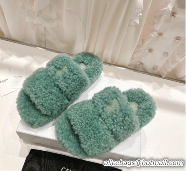 Fashion Celine Logo Wool Slide Sandals Light Green 804084