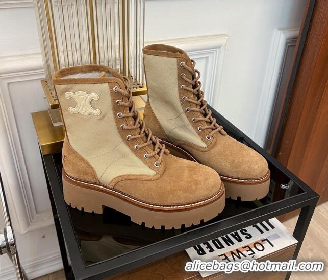 Low Price Celine Bulky Lace-up Boots 5.5cm with Triomphe in Nylon and Suede Brown 071011