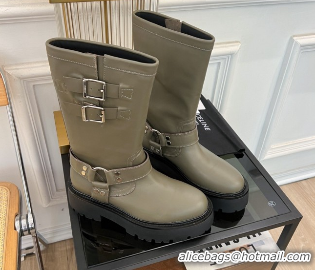 Shop Cheap Celine Bulky Mid Biker Boots 5.5cm with Harness Buckle in Calfskin Green 3071012