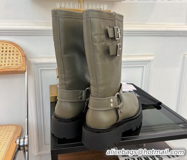 Shop Cheap Celine Bulky Mid Biker Boots 5.5cm with Harness Buckle in Calfskin Green 3071012