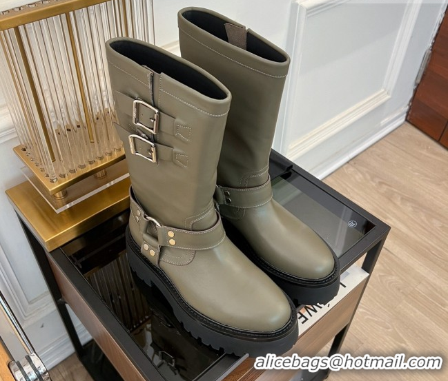 Shop Cheap Celine Bulky Mid Biker Boots 5.5cm with Harness Buckle in Calfskin Green 3071012