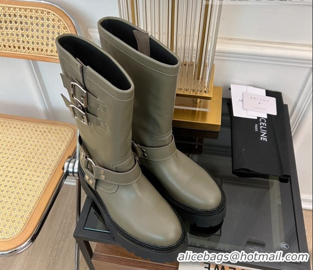 Shop Cheap Celine Bulky Mid Biker Boots 5.5cm with Harness Buckle in Calfskin Green 3071012