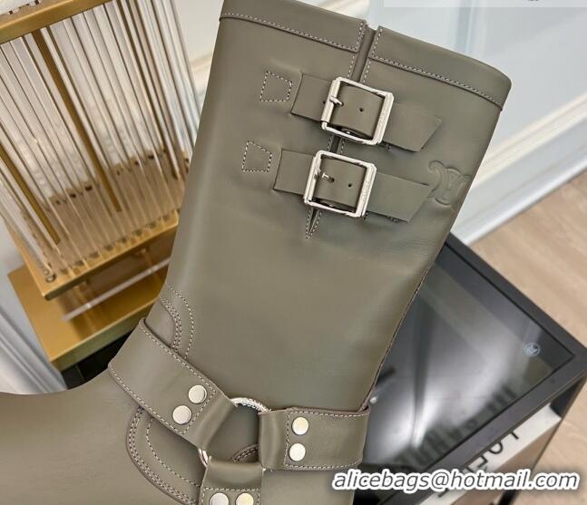 Shop Cheap Celine Bulky Mid Biker Boots 5.5cm with Harness Buckle in Calfskin Green 3071012