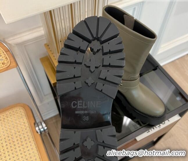 Shop Cheap Celine Bulky Mid Biker Boots 5.5cm with Harness Buckle in Calfskin Green 3071012