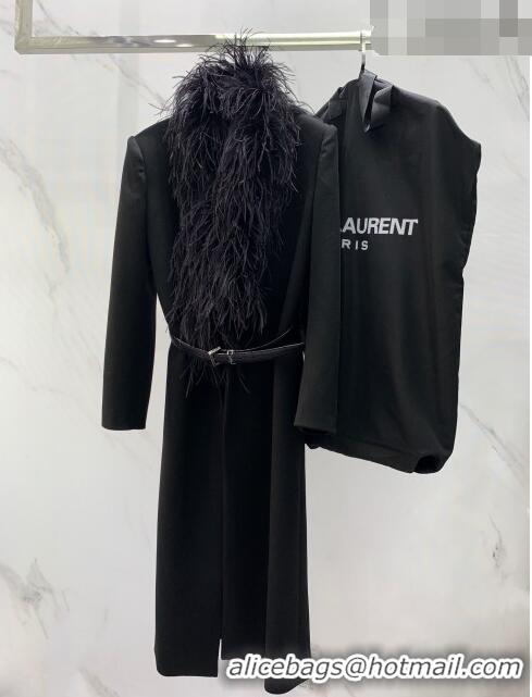 ​Famous Brand Saint Laurent Wool Coat with Ostrich Feather S102110 Black 2023