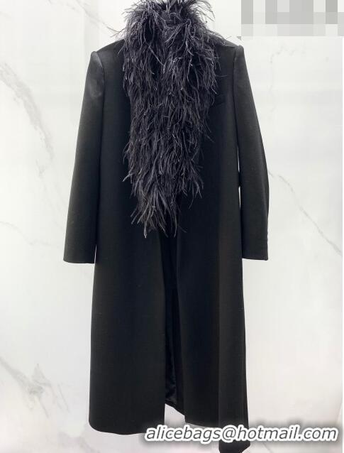 ​Famous Brand Saint Laurent Wool Coat with Ostrich Feather S102110 Black 2023