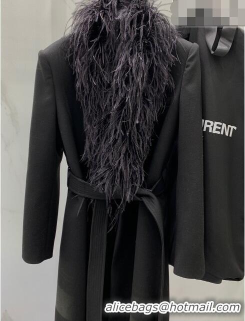 ​Famous Brand Saint Laurent Wool Coat with Ostrich Feather S102110 Black 2023