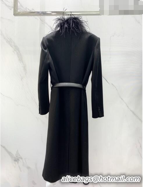 ​Famous Brand Saint Laurent Wool Coat with Ostrich Feather S102110 Black 2023