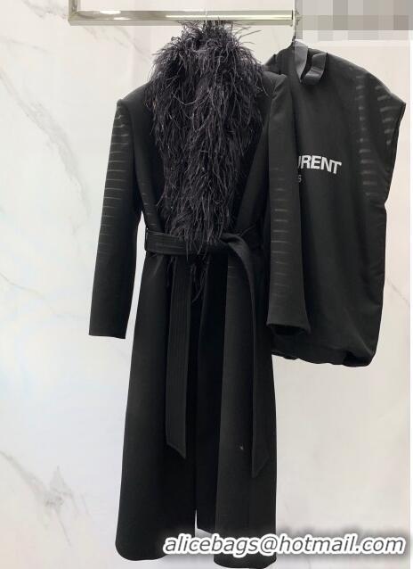 ​Famous Brand Saint Laurent Wool Coat with Ostrich Feather S102110 Black 2023