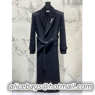 Promotional Saint Laurent Wool Coat with Belt S102113 Black 2023