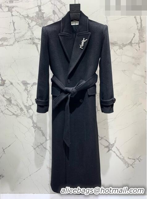 Promotional Saint Laurent Wool Coat with Belt S102113 Black 2023