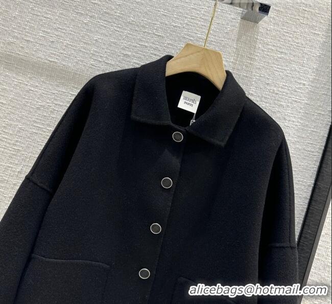 Good Taste Hermes Cashmere Short Coat H102328 Black 2023