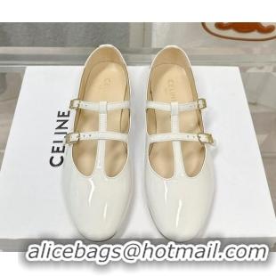 Best Price Celine Double Strap Mary Jane Ballerinas in Patent Leather White 725073