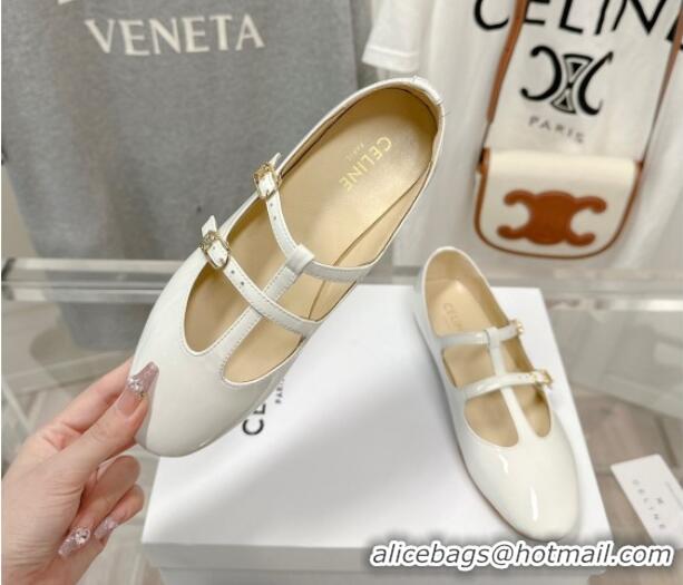 Best Price Celine Double Strap Mary Jane Ballerinas in Patent Leather White 725073