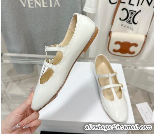 Best Price Celine Double Strap Mary Jane Ballerinas in Patent Leather White 725073