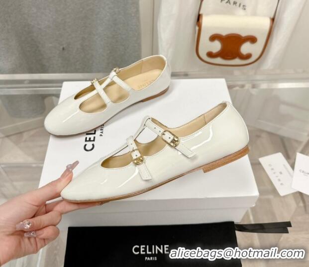 Best Price Celine Double Strap Mary Jane Ballerinas in Patent Leather White 725073