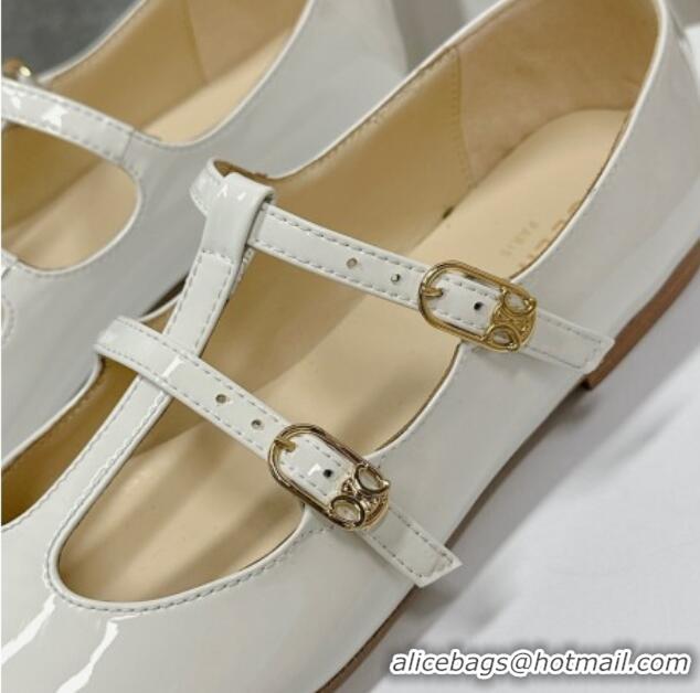 Best Price Celine Double Strap Mary Jane Ballerinas in Patent Leather White 725073