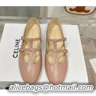 Pretty Style Celine Double Strap Mary Jane Ballerinas in Calfskin Pink 725074