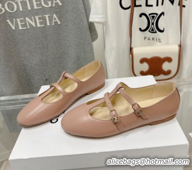 Pretty Style Celine Double Strap Mary Jane Ballerinas in Calfskin Pink 725074