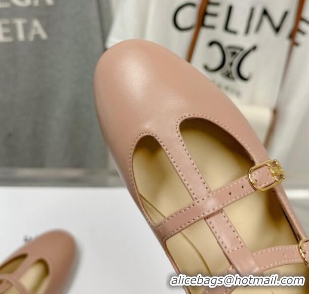 Pretty Style Celine Double Strap Mary Jane Ballerinas in Calfskin Pink 725074