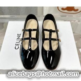 Good Quality Celine Double Strap Mary Jane Ballerinas in Patent Leather Black 725076