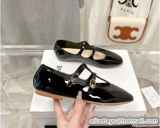 Good Quality Celine Double Strap Mary Jane Ballerinas in Patent Leather Black 725076