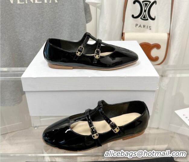 Good Quality Celine Double Strap Mary Jane Ballerinas in Patent Leather Black 725076