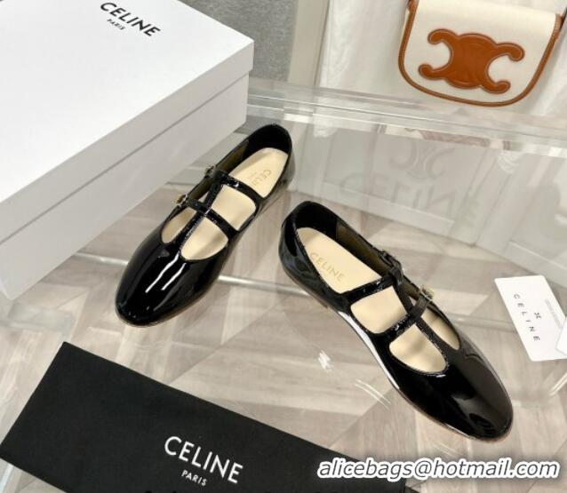 Good Quality Celine Double Strap Mary Jane Ballerinas in Patent Leather Black 725076