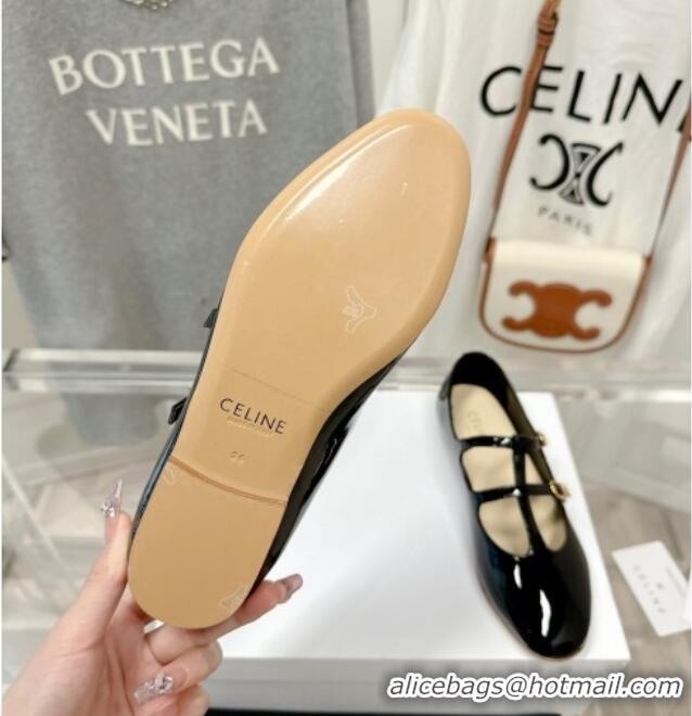 Good Quality Celine Double Strap Mary Jane Ballerinas in Patent Leather Black 725076