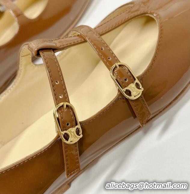 Best Product Celine Double Strap Mary Jane Ballerinas in Patent Leather Brown 725077