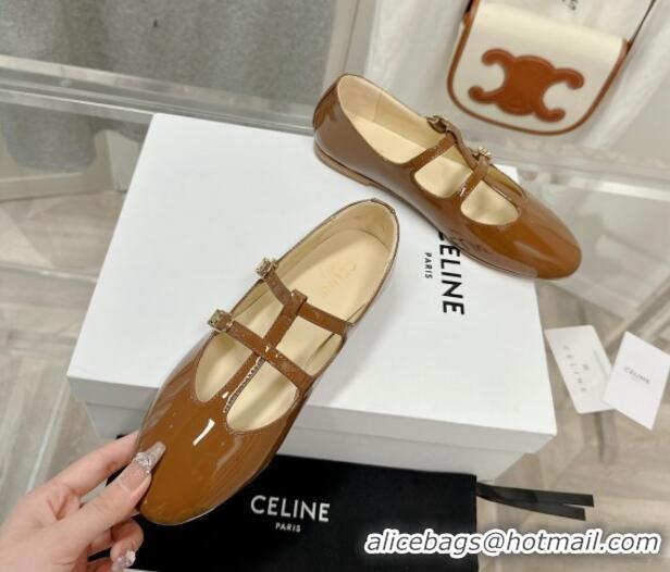 Best Product Celine Double Strap Mary Jane Ballerinas in Patent Leather Brown 725077