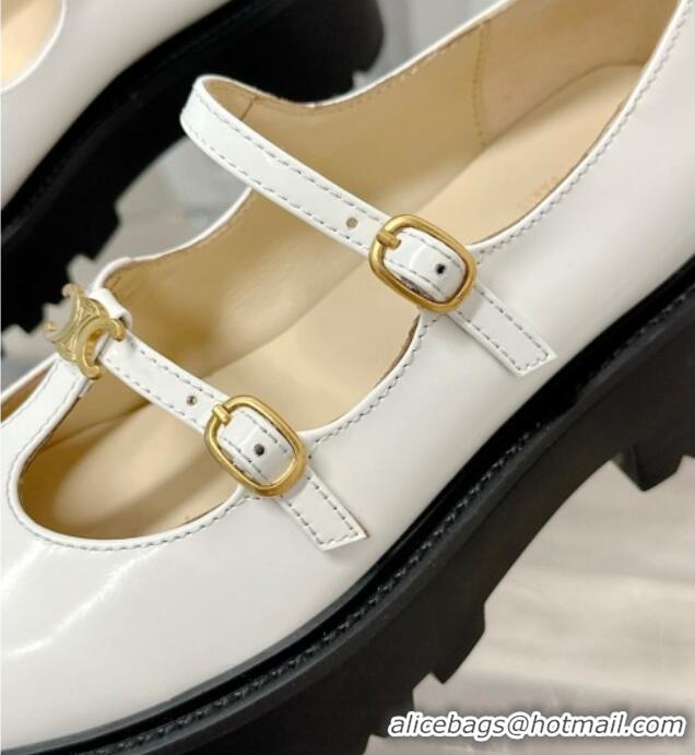 Best Grade Celine Bulky Babies Triomphe Mary Janes in Polished Leather White 0725078