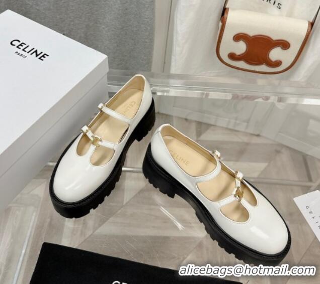 Best Grade Celine Bulky Babies Triomphe Mary Janes in Polished Leather White 0725078