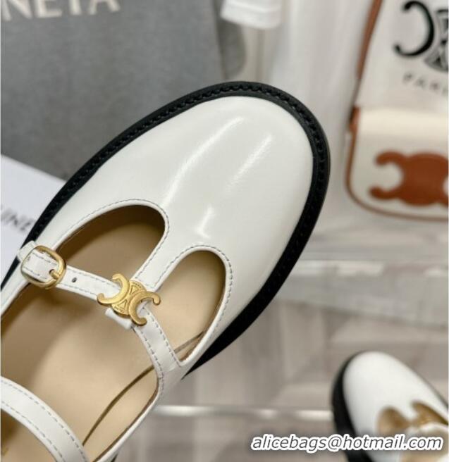 Best Grade Celine Bulky Babies Triomphe Mary Janes in Polished Leather White 0725078