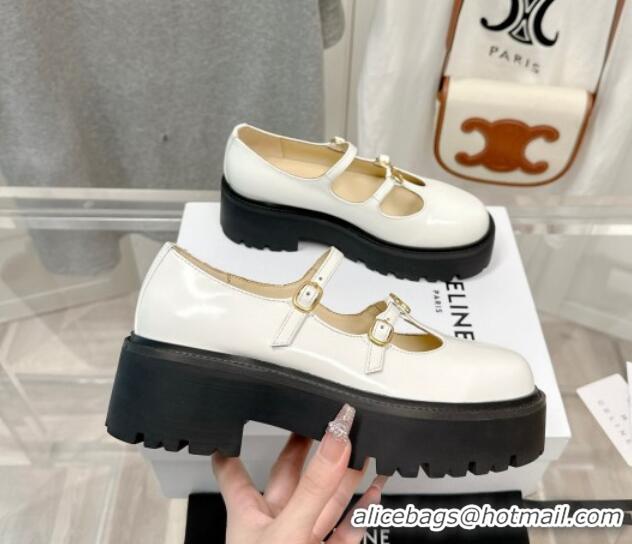 Best Grade Celine Bulky Babies Triomphe Mary Janes in Polished Leather White 0725078