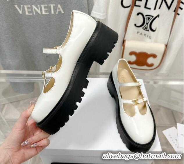 Best Grade Celine Bulky Babies Triomphe Mary Janes in Polished Leather White 0725078