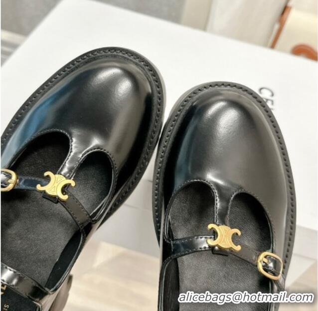 Low Price Celine Bulky Babies Triomphe Mary Janes in Polished Leather Black 0725079