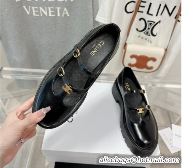 Low Price Celine Bulky Babies Triomphe Mary Janes in Polished Leather Black 0725079