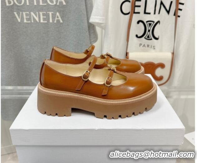 Low Cost Celine Bulky Babies Triomphe Mary Janes in Polished Leather Brown 725080