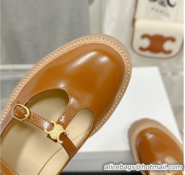 Low Cost Celine Bulky Babies Triomphe Mary Janes in Polished Leather Brown 725080