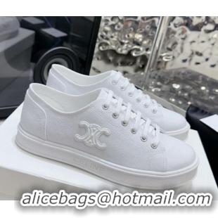 Classic Hot Celine Jane Low Sneakers in Canvas with Triomphe Patch All White 801110