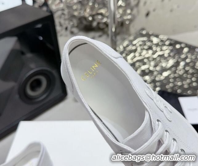 Classic Hot Celine Jane Low Sneakers in Canvas with Triomphe Patch All White 801110