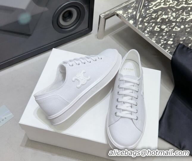 Classic Hot Celine Jane Low Sneakers in Canvas with Triomphe Patch All White 801110