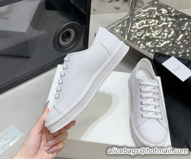 Classic Hot Celine Jane Low Sneakers in Canvas with Triomphe Patch All White 801110