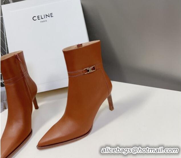 Top Design Celine Triomphe Calfskin Heel Ankle Boots 8cm Brown 901128