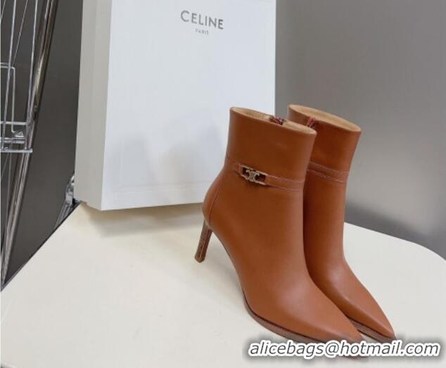 Top Design Celine Triomphe Calfskin Heel Ankle Boots 8cm Brown 901128