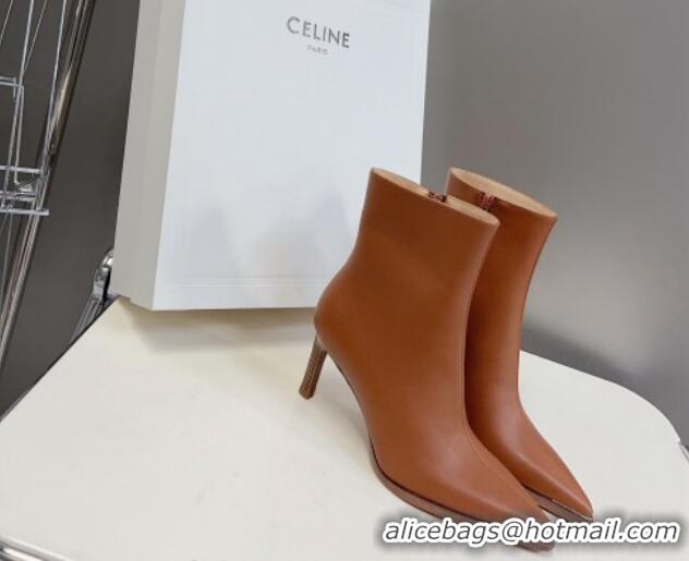 Shop Duplicate Celine Pointed Calfskin Heel Ankle Boots 8cm with Metal-Tone Trim Brown 901129