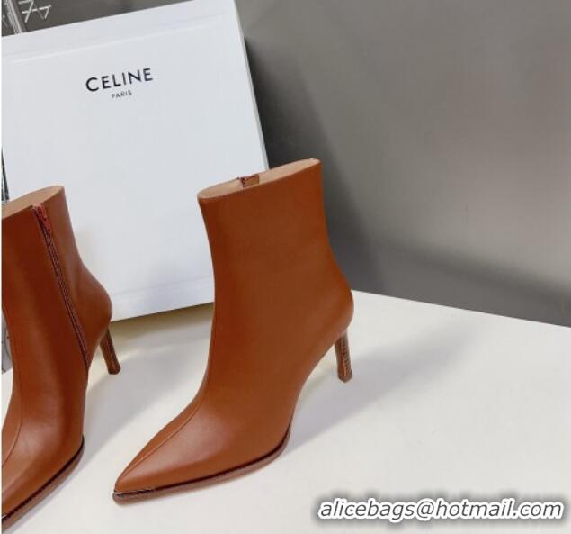 Shop Duplicate Celine Pointed Calfskin Heel Ankle Boots 8cm with Metal-Tone Trim Brown 901129